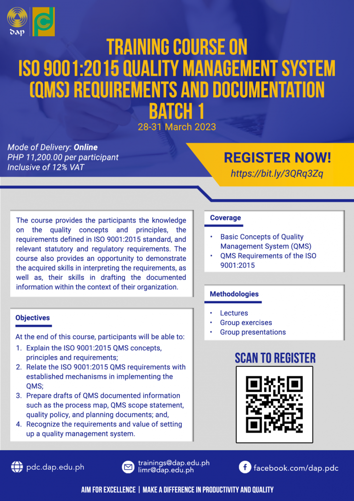 Training Course on ISO 9001:2015 QMS Requirements and Documentation (Batch 1) - Online