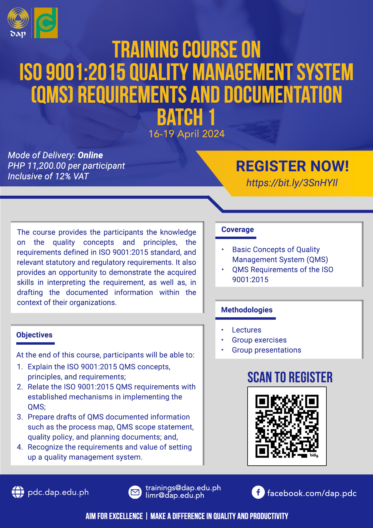 Training Course on ISO 9001:2015 Quality Management System Requirements and Documentation (Batch 1) - Online